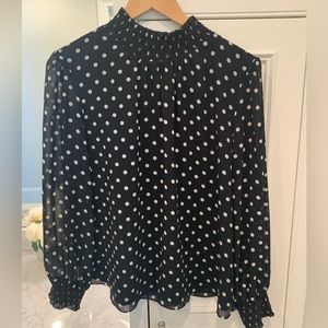 J. Crew black and white polka dot blouse.